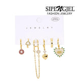 6 Pcs Plated Dangle Earrings Set for Women Geometric Heart Hoop Jewelry