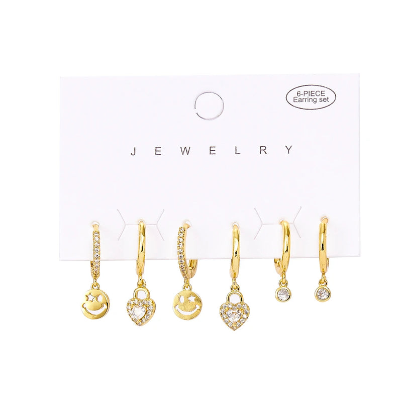 6 Pcs Plated Dangle Earrings Set for Women Geometric Heart Hoop Jewelry