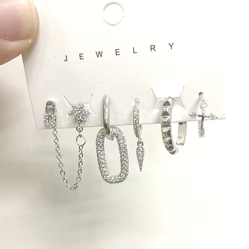 Colorful Zircon Geometric Hoop Earrings Set - 6 Pcs