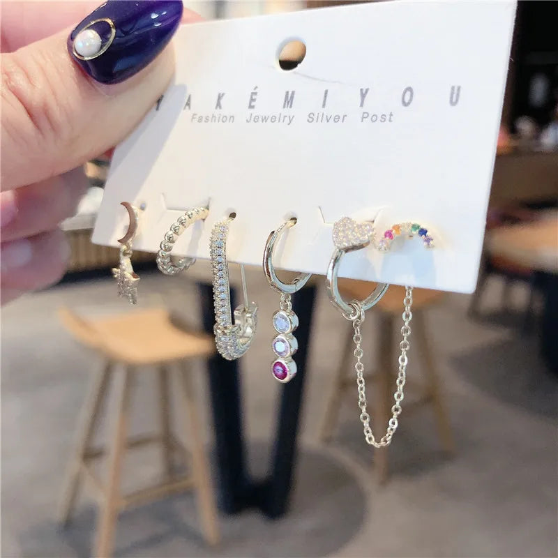 Colorful Zircon Geometric Hoop Earrings Set - 6 Pcs