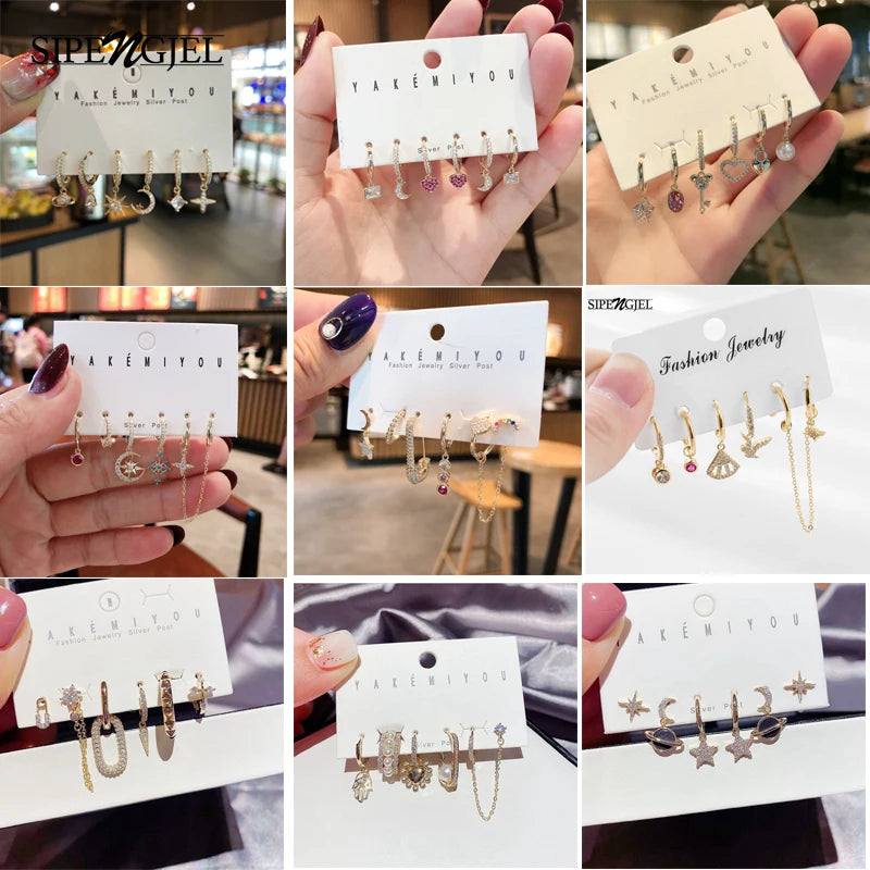 Colorful Zircon Geometric Hoop Earrings Set - 6 Pcs