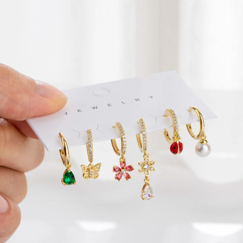6 Pcs Crystal Flower Butterfly Pearl Earrings Set For Women