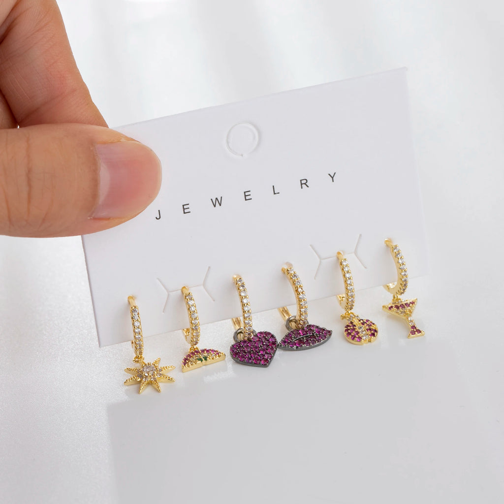 6 Pcs Star Heart Hoop Earrings Set Red Drop Dangle Vintage Jewelry