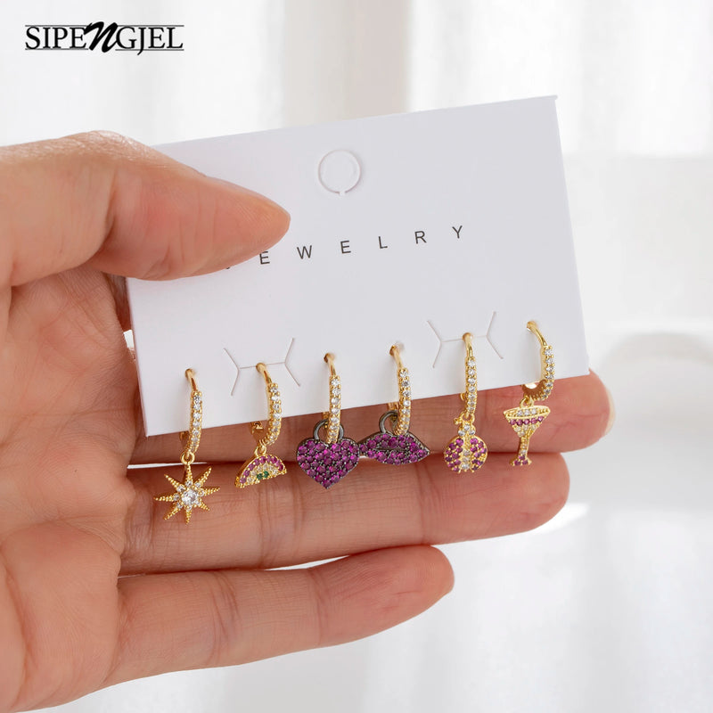 6 Pcs Star Heart Hoop Earrings Set Red Drop Dangle Vintage Jewelry