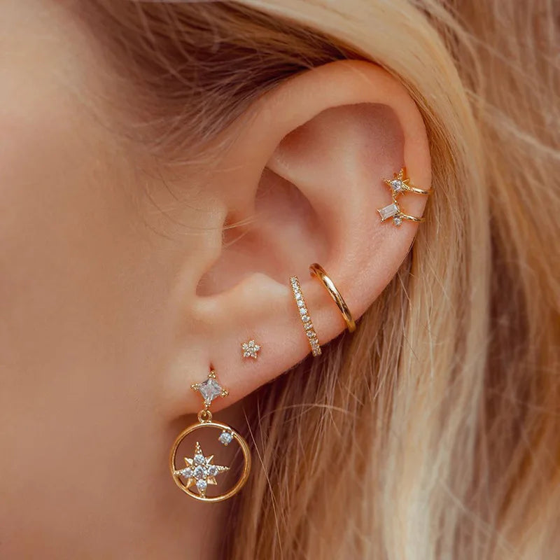 Fashion Minimal Piercing Earrings Set Sweet Flower Moon Star Stud Earrings