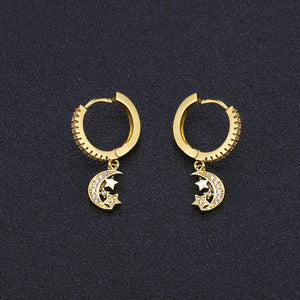 Moon Pendant Hoop Earrings Cz Zircon Huggie Earrings