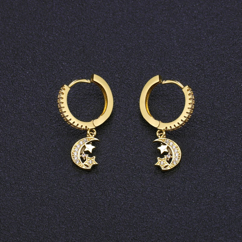 Moon Pendant Hoop Earrings Cz Zircon Huggie Earrings