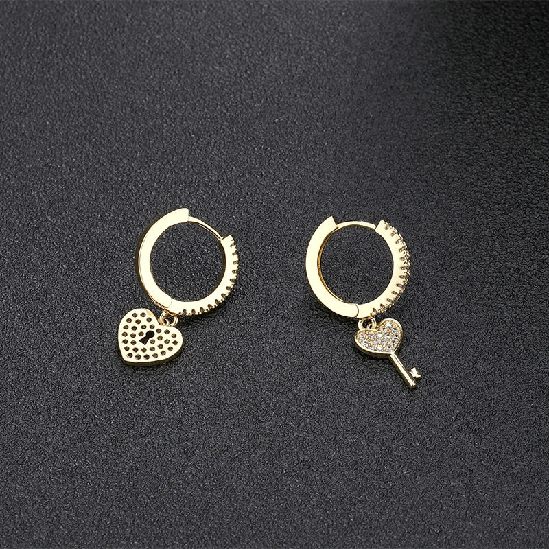CZ Love Heart Hoop Earrings Key Lock Asymmetry Earrings