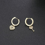 CZ Love Heart Hoop Earrings Key Lock Asymmetry Earrings