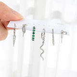 Green Cubic Zircon Snake Drop Dangle Earrings Set Animal Jewelry