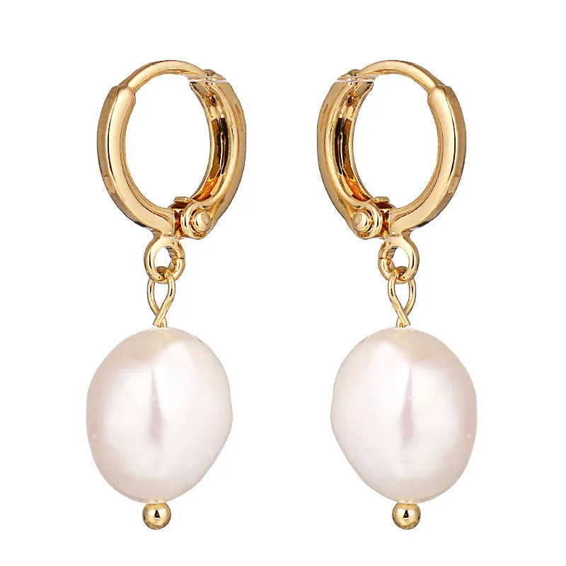 Korea Baroque Pearl Dangle Earrings for Women, Freshwater Pearls Hoop Jewelry