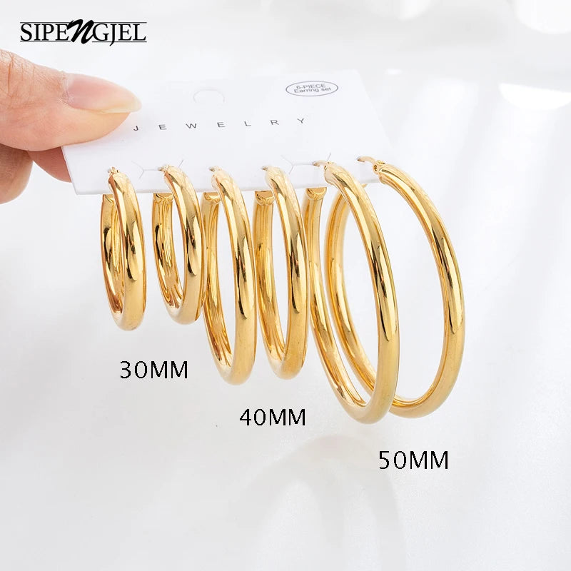 SIPENGJEL Thick Smooth Metal Hoop Earrings Set Women Small Big Circle Jewelry