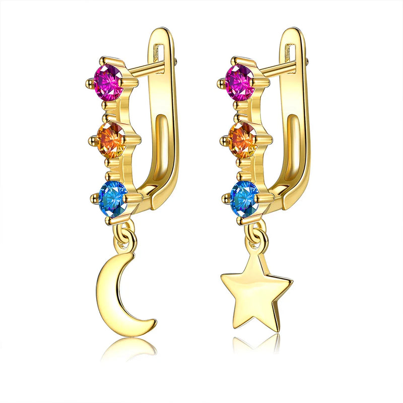 Crystal Star Moon Dangle Earrings Rainbow Square Geometric Hoop