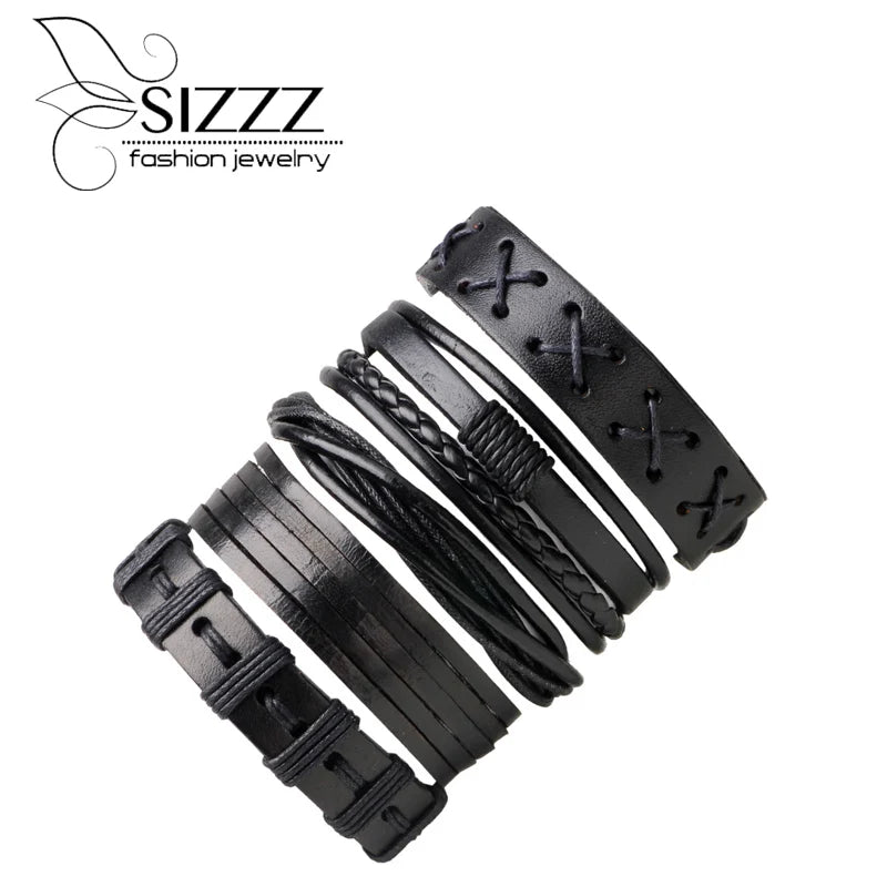 Men's Leather Bracelet Set - 5 Pieces
