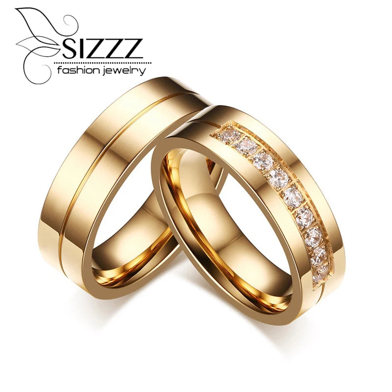 Gold CZ Wedding Rings Lover's Cubic Zirconia Stainless Steel Romantic Ring