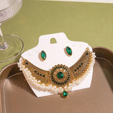 Bohemian Style Crystal Pendant Pearls Necklace Earrings Set