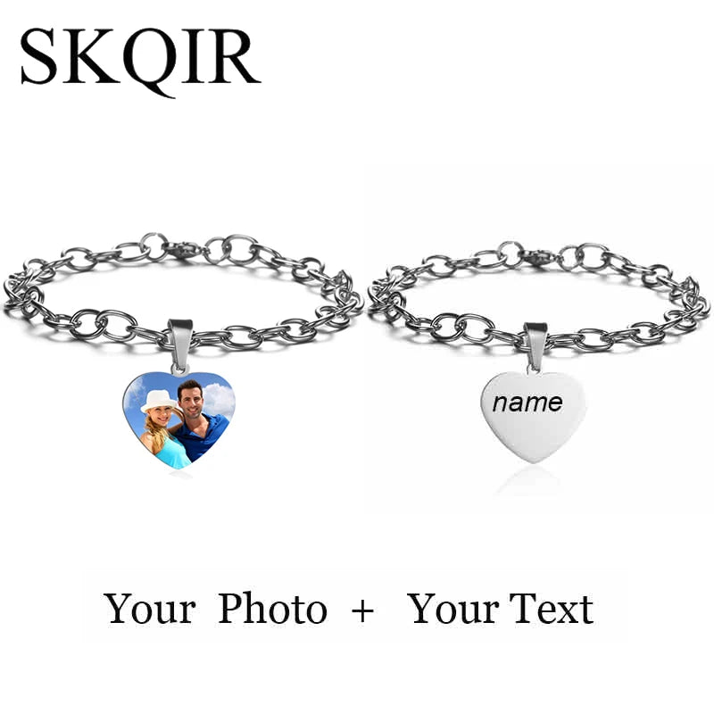 Personalized Photo Bracelet Engraved Name Date Stainless Steel Chain Bracelet