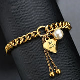 Heart Pearl Bracelet Stainless Steel with Laser Name Engraving