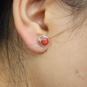 Tibetan 925 Silver Coral Stone 9mm Round Stud Earrings