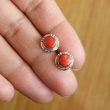 Tibetan 925 Silver Coral Stone 9mm Round Stud Earrings