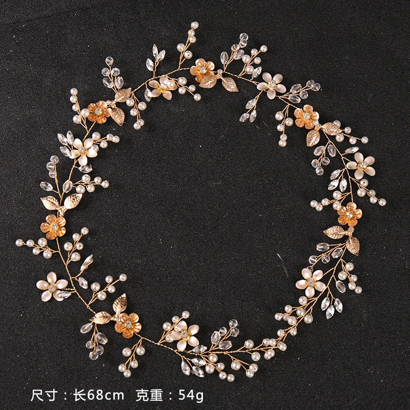 Flower Leaf Rhinestones Pearls Bridal Headband Wedding Headpiece