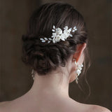Bridal Hair Comb with Alloy Leaf Crystal Rhinestones Porcelain Flower Pearls