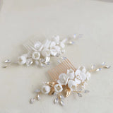 Bridal Hair Comb with Alloy Leaf Crystal Rhinestones Porcelain Flower Pearls