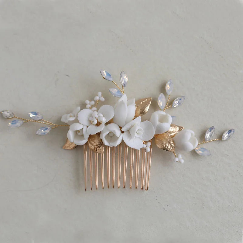 Bridal Hair Comb with Alloy Leaf Crystal Rhinestones Porcelain Flower Pearls