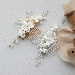 Bridal Hair Comb with Alloy Leaf Crystal Rhinestones Porcelain Flower Pearls