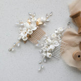 Bridal Hair Comb with Alloy Leaf Crystal Rhinestones Porcelain Flower Pearls