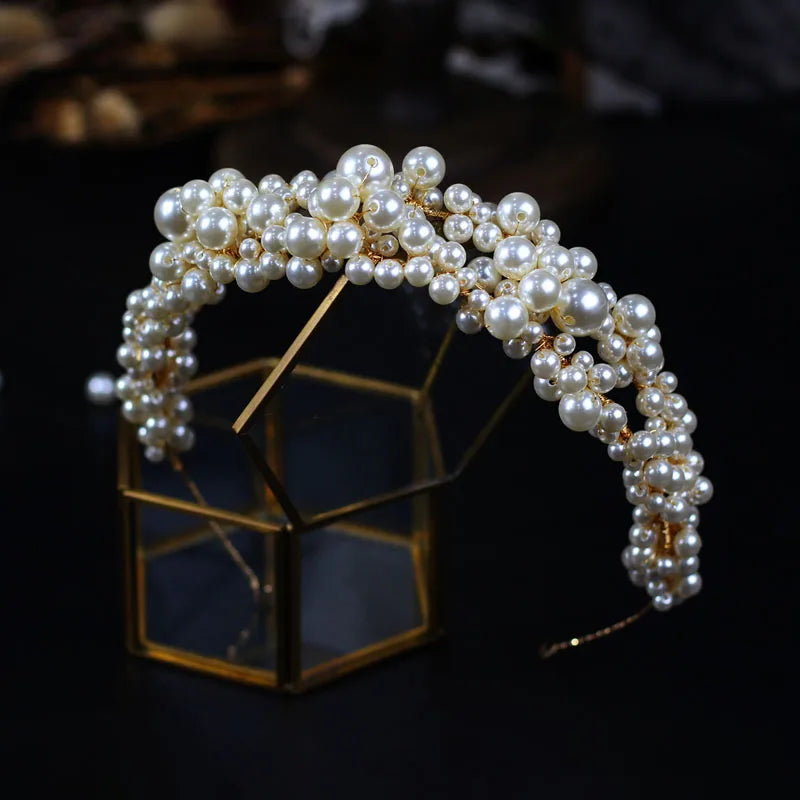 Baroque Style Rhinestones Pearls Wedding Tiara Headband Bridal Hair Accessories
