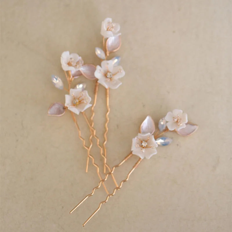 Ceram Flower Alloy Leaf Pearls Bridal Hair Pin Wedding Hair Sticker
