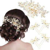 Rhinestone Crystal Pearls Hair Comb & Pin Set Bridal Hair Jewelry