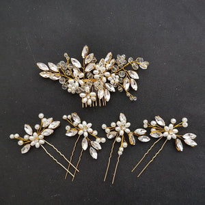 Rhinestone Crystal Pearls Hair Comb & Pin Set Bridal Hair Jewelry