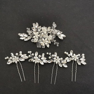 Rhinestone Crystal Pearls Hair Comb & Pin Set Bridal Hair Jewelry