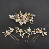 Rhinestone Crystal Pearls Hair Comb & Pin Set Bridal Hair Jewelry