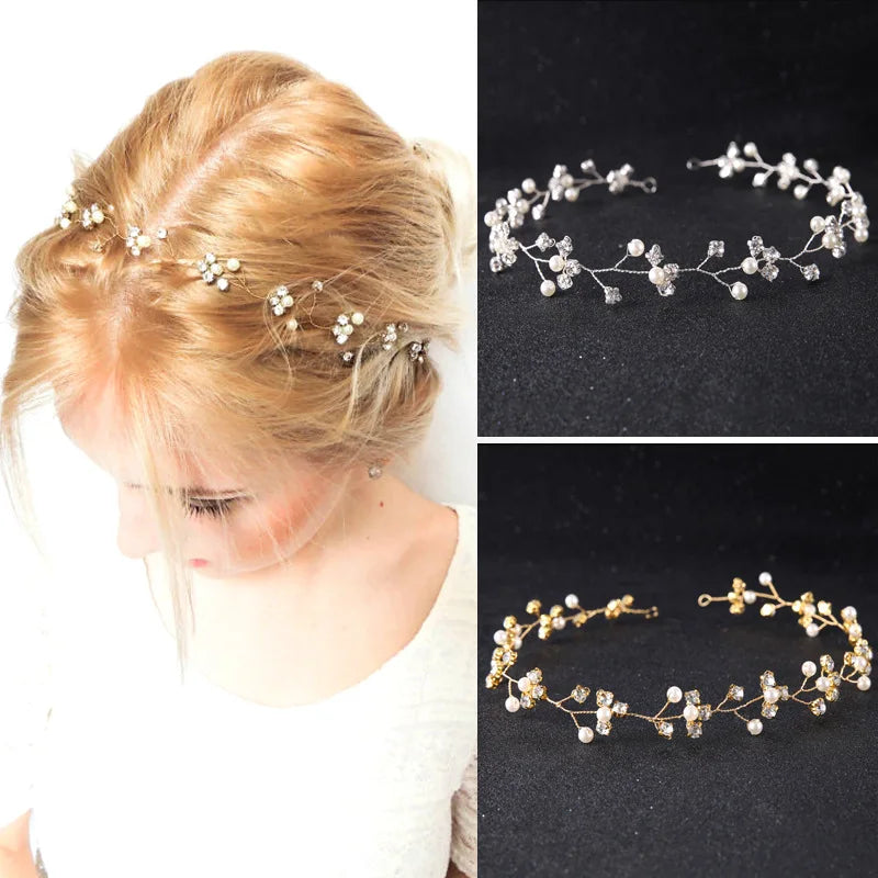 Crystal Pearls Wedding Tiara Headband Hair Vine Bridal Headpiece
