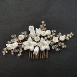 Crystal Rhinestone Simulated Pearls Ceramic Flower Bridal Wedding Hair Comb