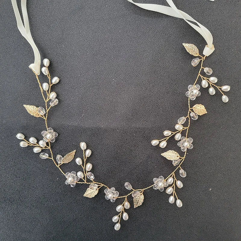 Rhinestone Pearl Bridal Headband Flower Leaf Hairpiece