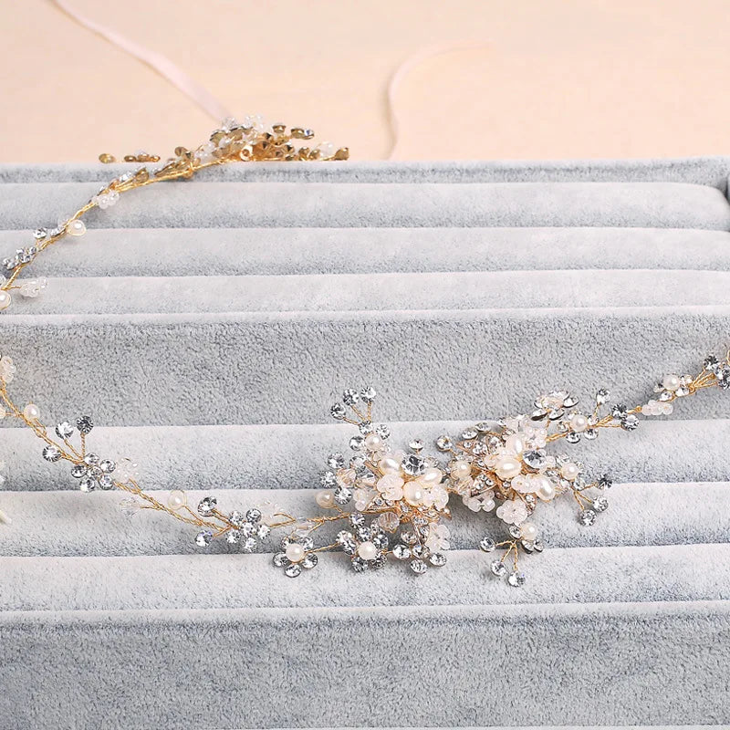 Rhinestone Pearl Flower Wedding Tiara Bridal Hair Vine