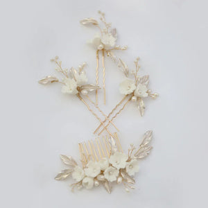Freshwater Pearls Ceram Flower Bridal Hair Comb Hair Pin Set Wedding Headpieces
