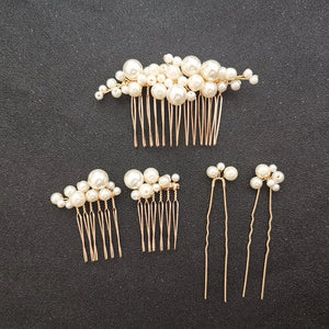 Golden Wired Simulated Pearls Wedding Hair Comb Set