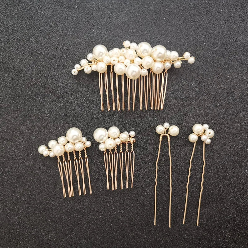 Golden Wired Simulated Pearls Wedding Hair Comb Set