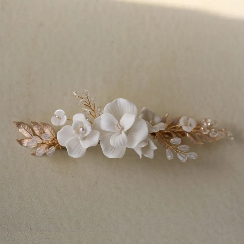 Alloy Ceramic Flower Crystal Bridal Hair Clip Barrettes Wedding Headpieces