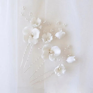 Ceramic Flower Bridal Hair Pin Set with Pearls