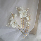 Ceramic Flower Bridal Hair Pin Set with Pearls