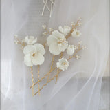 Ceramic Flower Bridal Hair Pin Set with Pearls