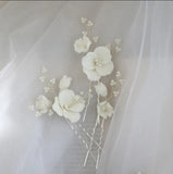 Ceramic Flower Bridal Hair Pin Set with Pearls