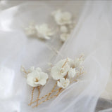 Ceramic Flower Bridal Hair Pin Set with Pearls