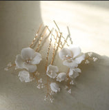 Ceramic Flower Bridal Hair Pin Set with Pearls